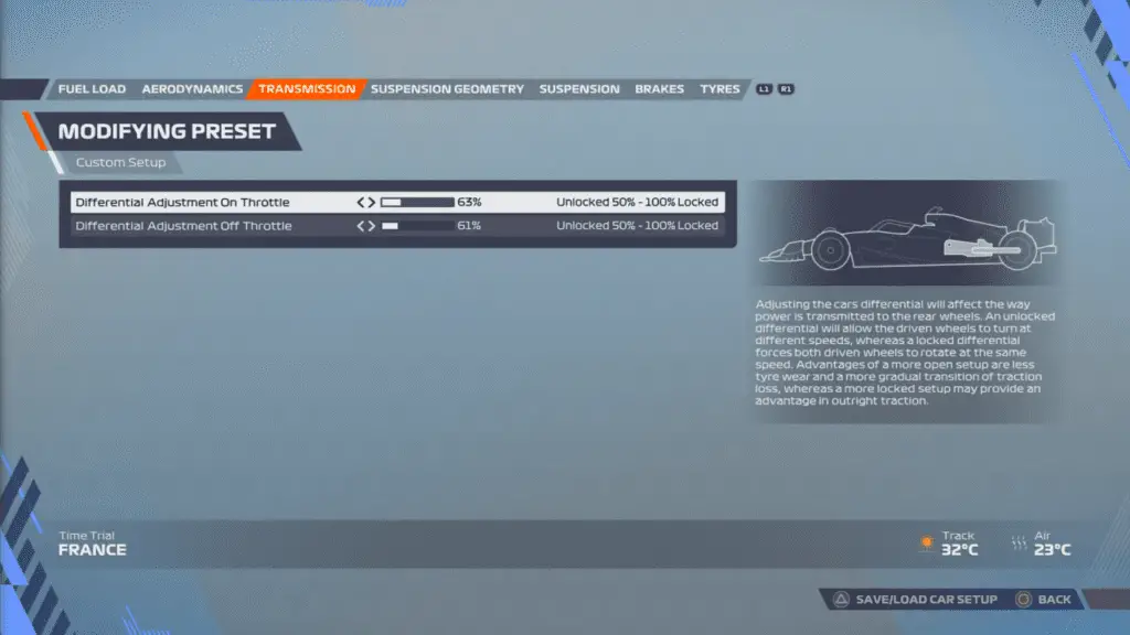 Transmission settings for the F1 22 France Setup.
