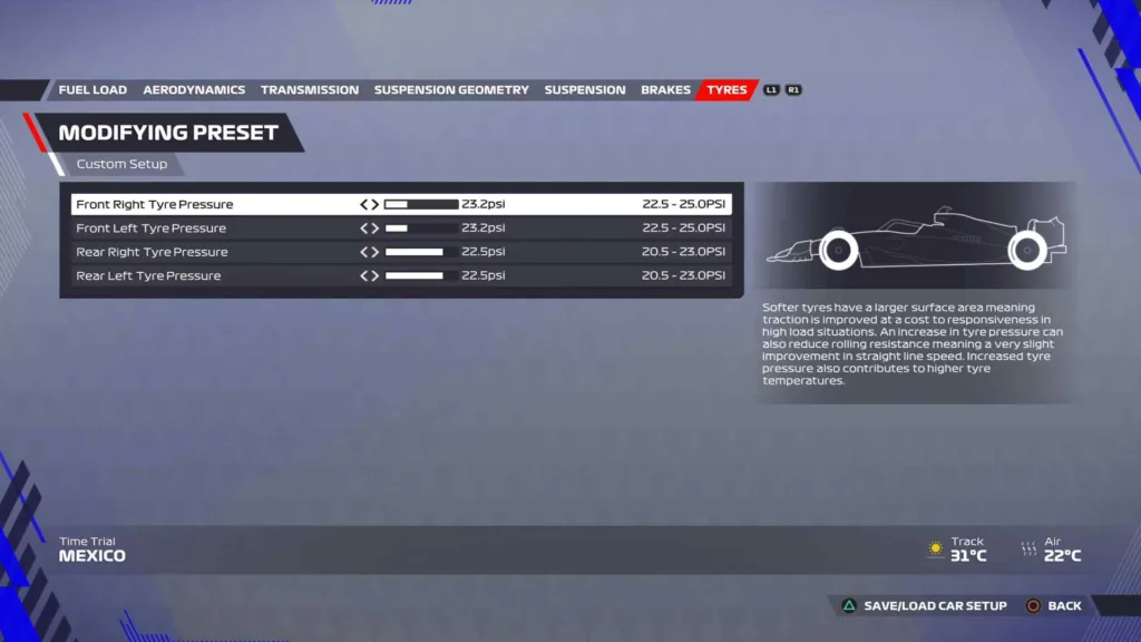 Best tyres settings for the f1 22 Mexico setup dry.