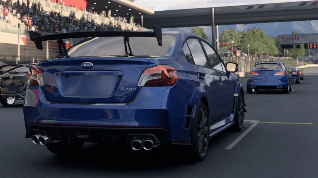 A blue Subaru lining up in it's grid box in Forza Motorsport