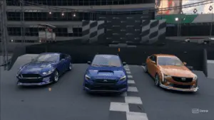 A line up of three vehicles on a start finish line facing the camera in Forza Motorsport.
