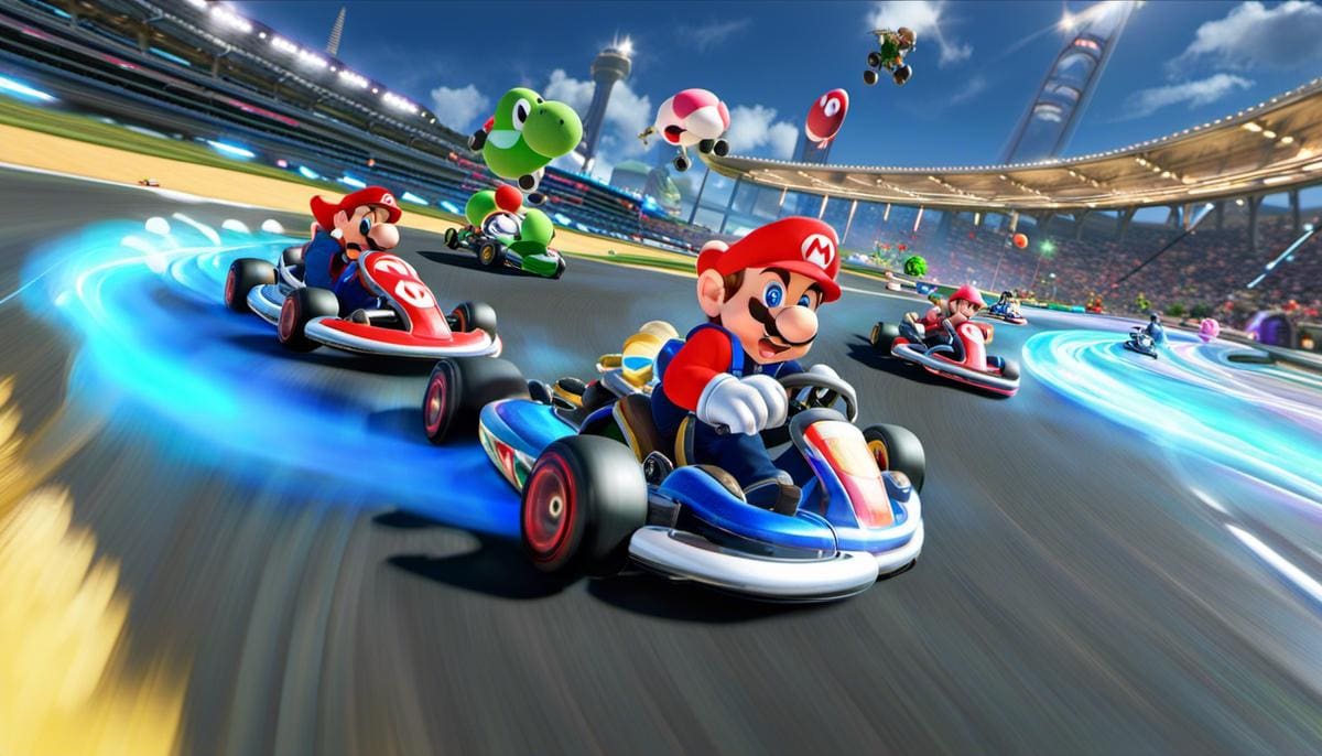 Image of a Mario Kart 8 game setup with various controls and characters racing on a track